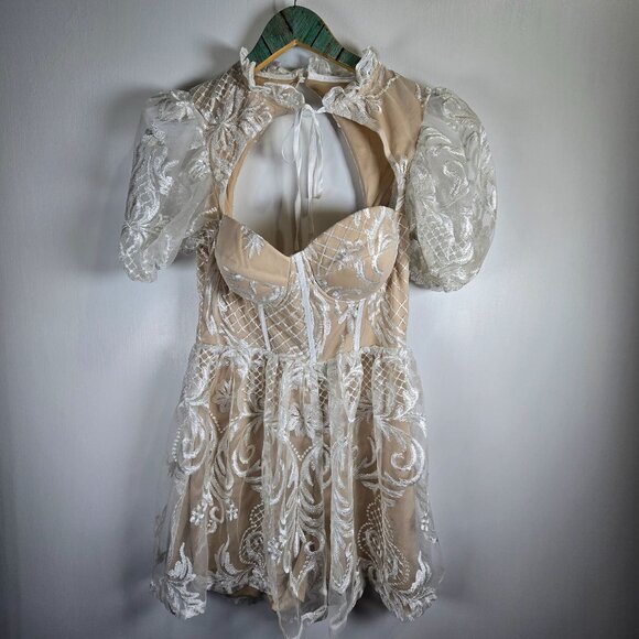 Blithe Pants - Blithe LA White Lace Over Nude Versailles Romper Playsuit, NWT, L
